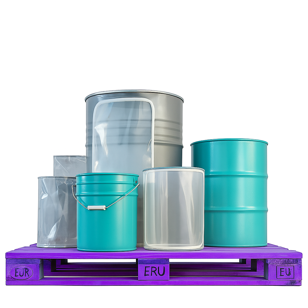Drums, a pail and transparent protective liners on a purple pallet